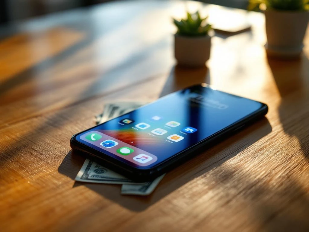 Smartphone displaying colorful app store icons on wooden desk with succulent plant and dollar bills in golden sunlight