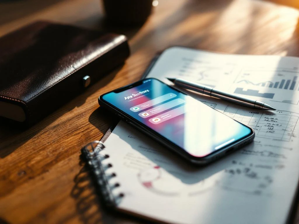 Smartphone displaying colorful app store interface on wooden desk beside open leather notebook with handwritten notes and pen