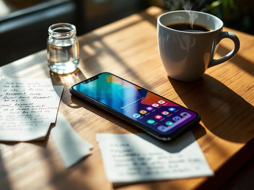 Smartphone displaying colorful app store interface on wooden desk with keyword research notes and coffee cup nearby