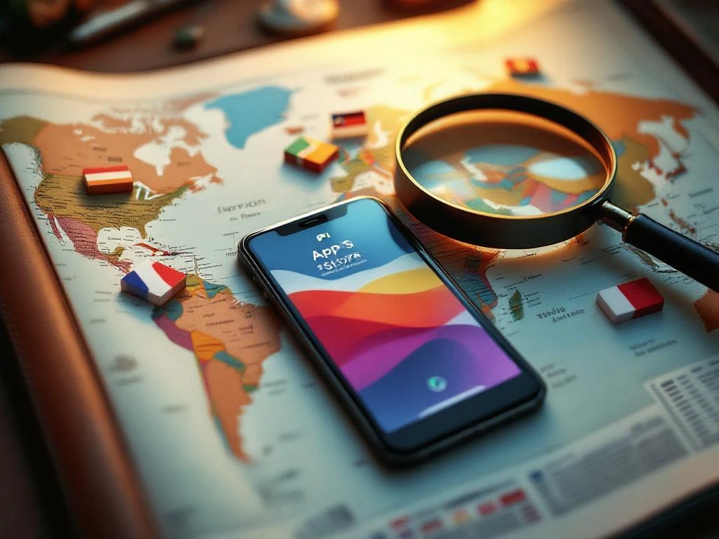 Smartphone met kleurrijk app store-scherm op een open wereldatlas, omringd door uitgesneden internationale vlaggen en een vergrootglas.