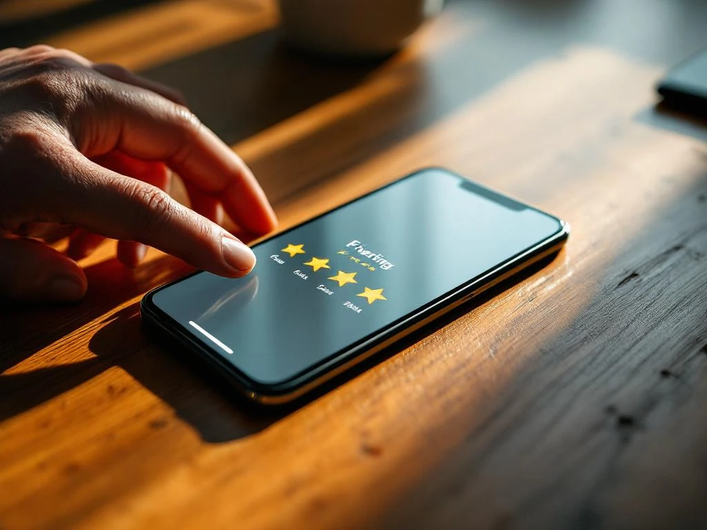 Smartphone displaying five-star rating on wooden desk with hand placing device, golden stars glowing on screen in natural light