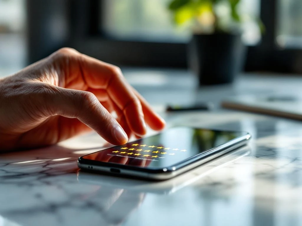 Smartphone met gouden sterrenbeoordeling op marmeren bureau, terwijl de hand van een zakenman de positie van het apparaat aanpast in een kantooromgeving.