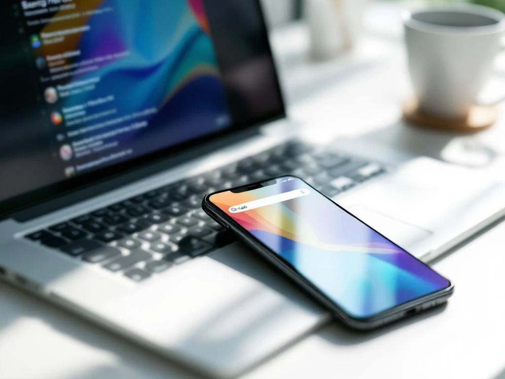 Smartphone met kleurrijke app-interface op laptoptoetsenbord, waarop zoekresultaten worden weergegeven op een wit bureau met een koffiekopje.