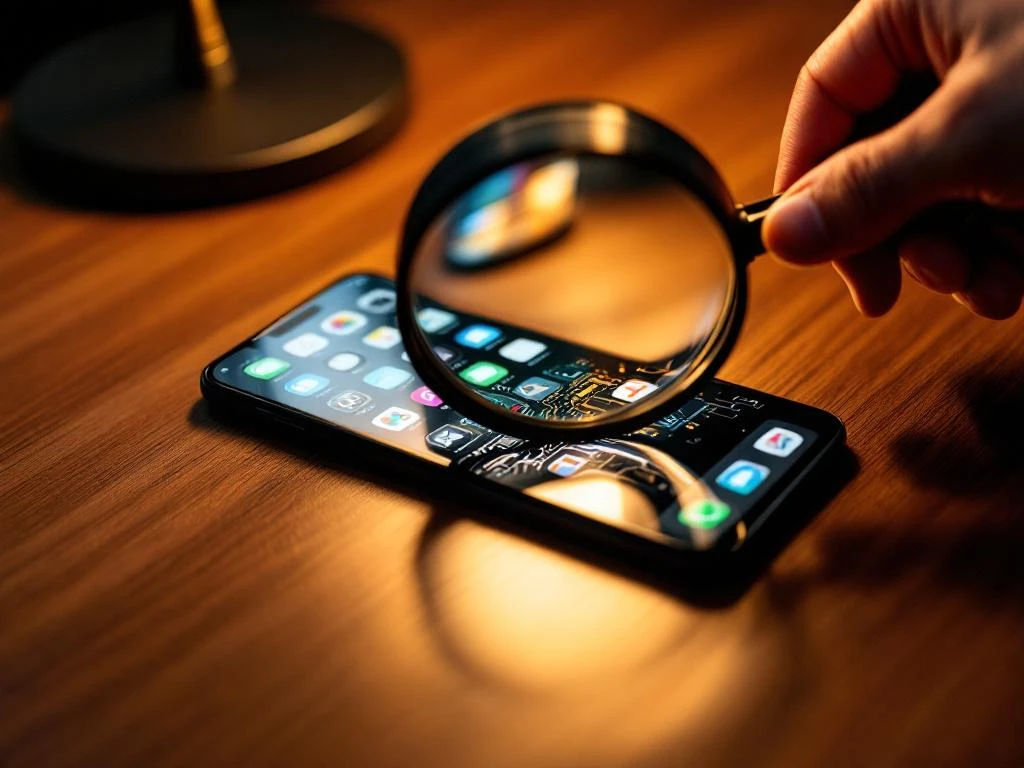 Smartphone on wooden desk with magnifying glass revealing circuit board patterns beneath colorful app icons, dramatic lighting