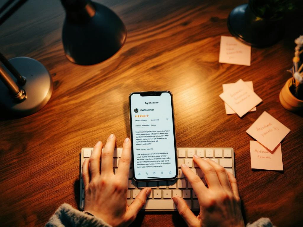 Smartphone met een app-recensie van één ster op een houten bureau, handen boven het toetsenbord en handgeschreven reactienotities in de buurt.