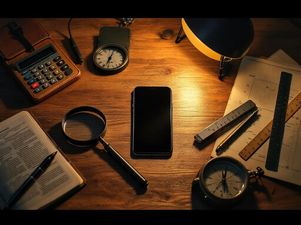 Smartphone op een houten bureau, omringd door onderzoeksinstrumenten zoals een vergrootglas, notitieboekje, rekenmachine, kompas en liniaal.