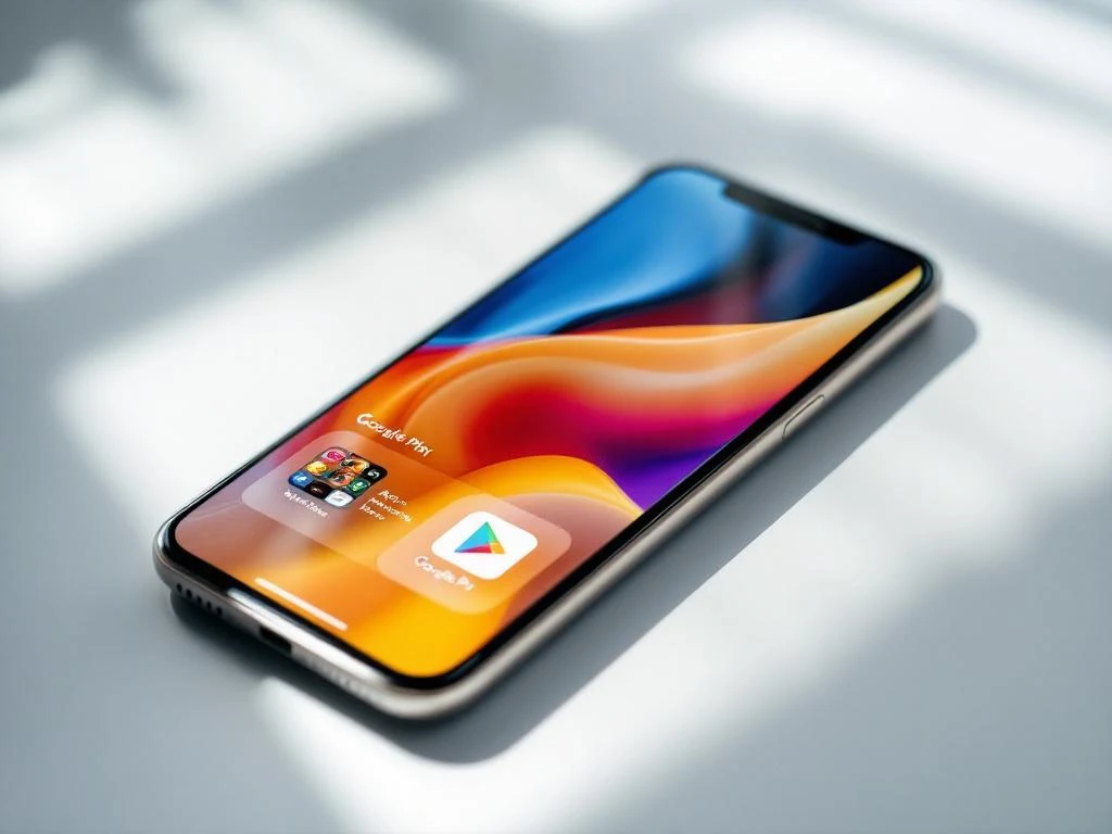 Smartphone on white desk displaying split-screen view of Apple App Store and Google Play Store interfaces