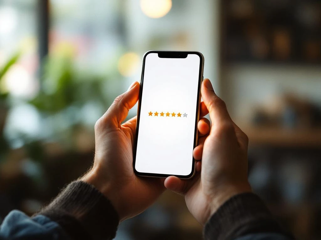 Hands holding smartphone displaying star rating interface in coffee shop with warm natural lighting