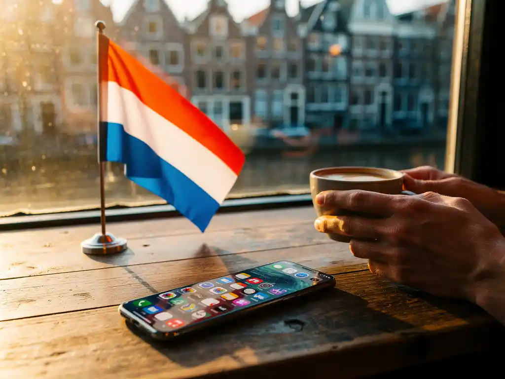 Smartphone with colorful app icons on wooden café table beside Dutch flag, Amsterdam canal houses visible through window