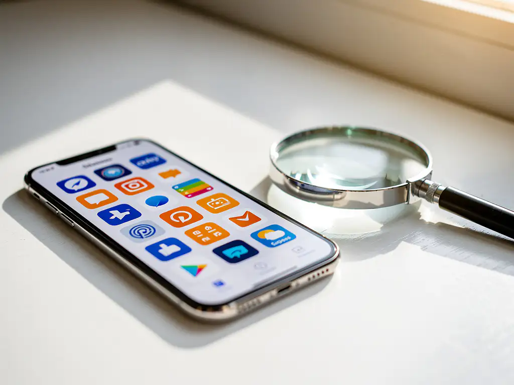 Smartphone displaying colorful app store interface with organized app icons, magnifying glass nearby on white wooden desk