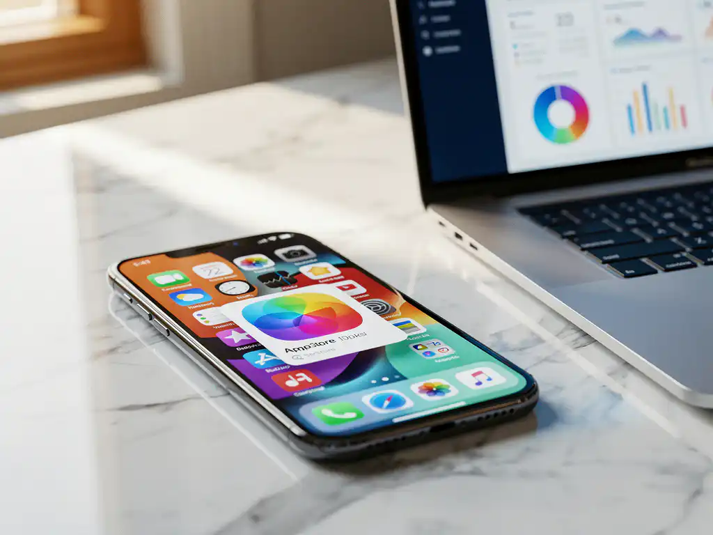 Een iPhone met zoekresultaten uit de App Store en een levendig app-icoon staat op een wit marmeren bureau naast een MacBook waarop het Apple Search Ads-dashboard te zien is.