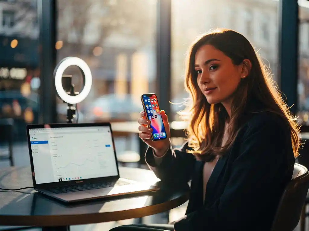 Een contentmaker zit aan een cafétafel met een smartphone met een kleurrijke app-interface, een ringlamp verlicht zijn gezicht, een laptop toont een dashboard met analyses en het gouden uurzonlicht schijnt door de ramen.