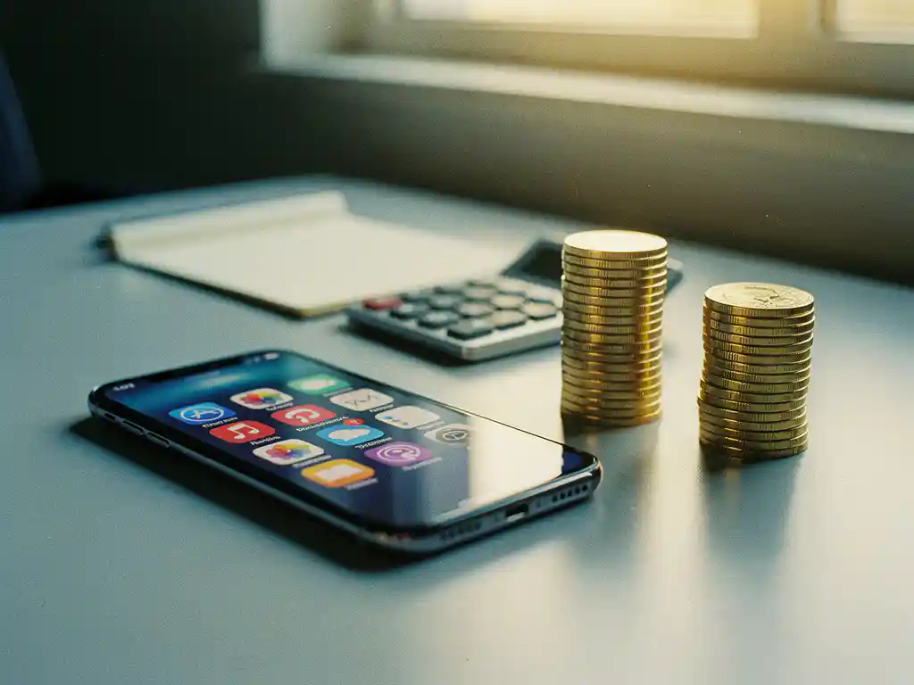 Smartphone with colorful app icons on modern desk beside two coin stacks representing mobile advertising costs, calculator and notepad nearby