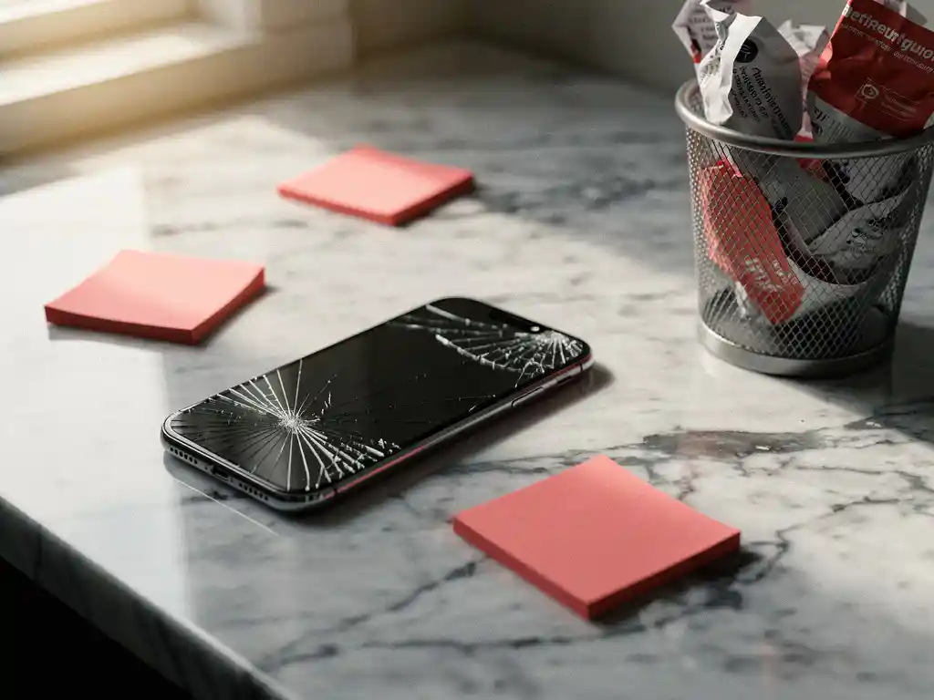 Cracked smartphone face-down on marble desk surrounded by red warning sticky notes and wastepaper basket with crumpled papers