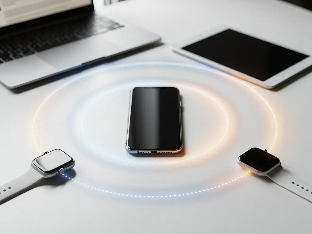 Smartphone on white desk surrounded by laptop, tablet, and smartwatch with dotted connection lines showing cross-device tracking