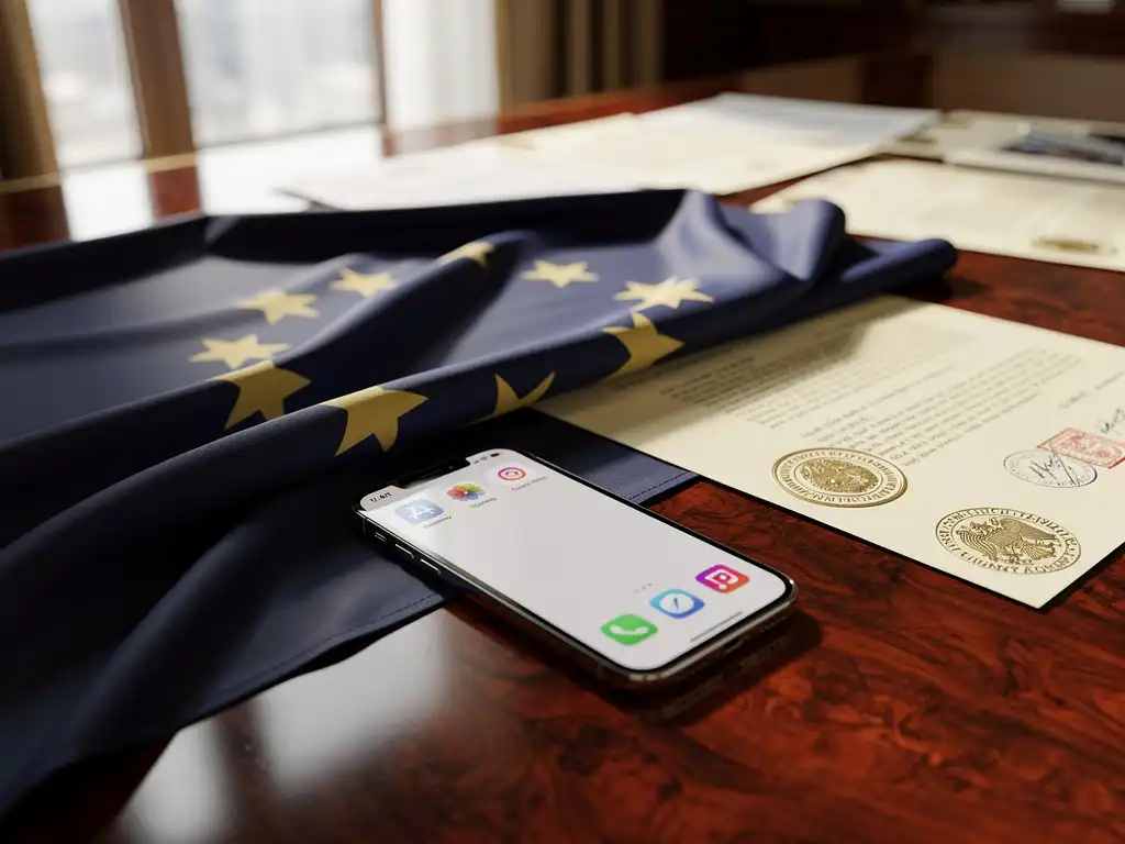European Union flag draped over smartphone displaying mobile app interface on mahogany desk with legal documents and official seals