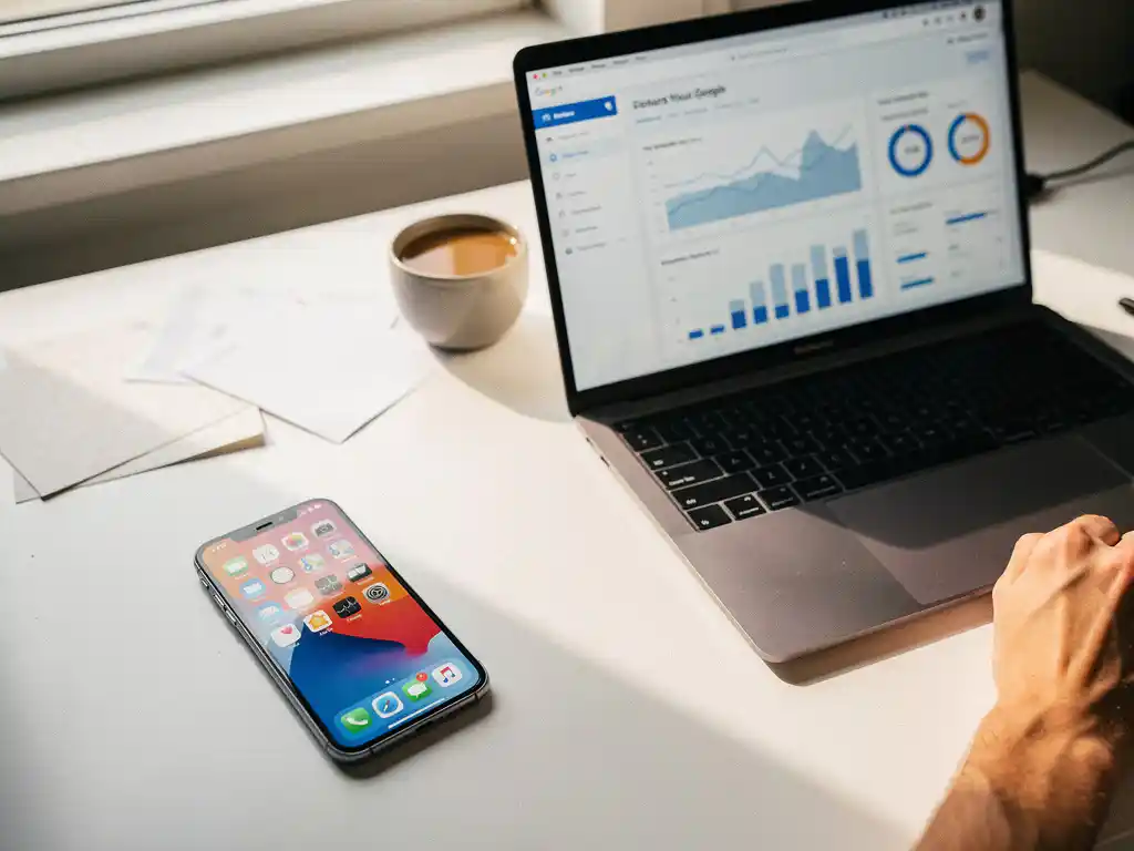 Smartphone with colorful app interface and MacBook displaying Google Ads dashboard on white desk with coffee cup and marketing notes
