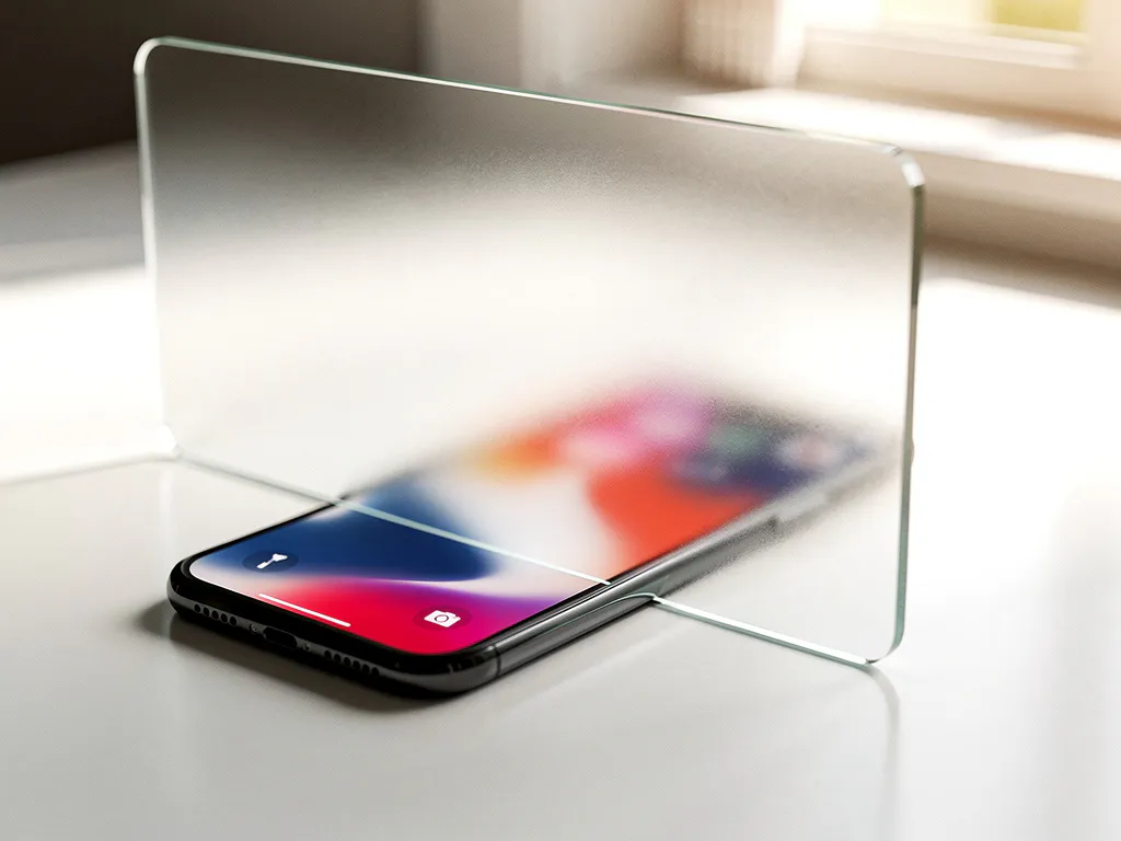 iPhone met kleurrijke app-interface achter een privacyscherm van matglas op een wit bureau met natuurlijk licht en zachte schaduwen.