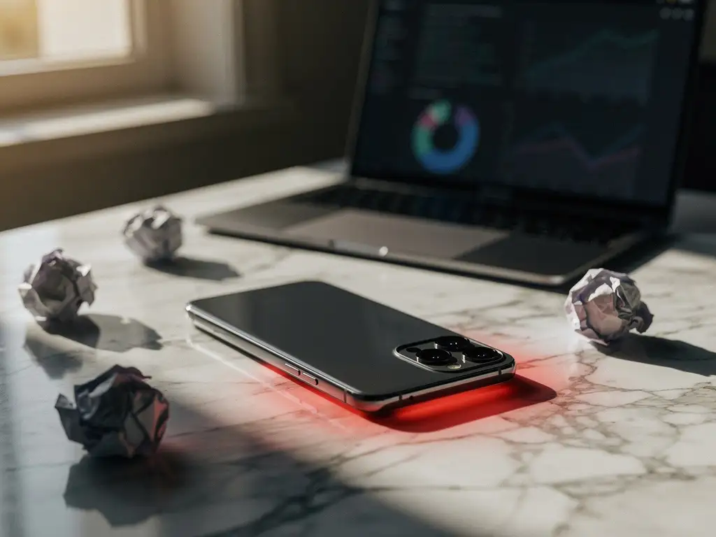 Smartphone met het scherm naar beneden op een marmeren bureau, met rode notificaties die eronder oplichten, verfrommelde papieren verspreid eromheen, laptop met analysegrafieken op de achtergrond.