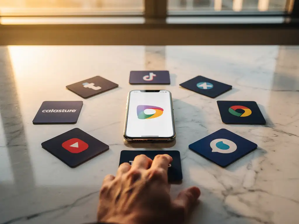 Smartphone with colorful app icon on marble desk surrounded by business cards with advertising platform logos in circular arrangement