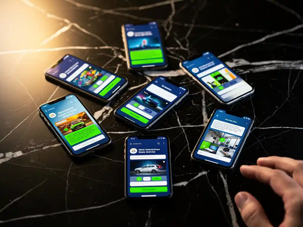 Nine smartphones arranged in spiral pattern on black marble surface displaying various colorful mobile app advertisements
