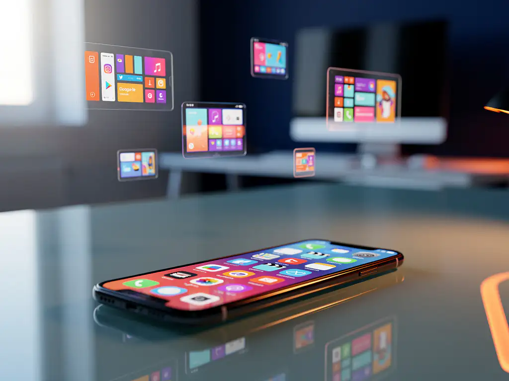 Smartphone with colorful app interface on glass desk surrounded by holographic advertising banners in modern office