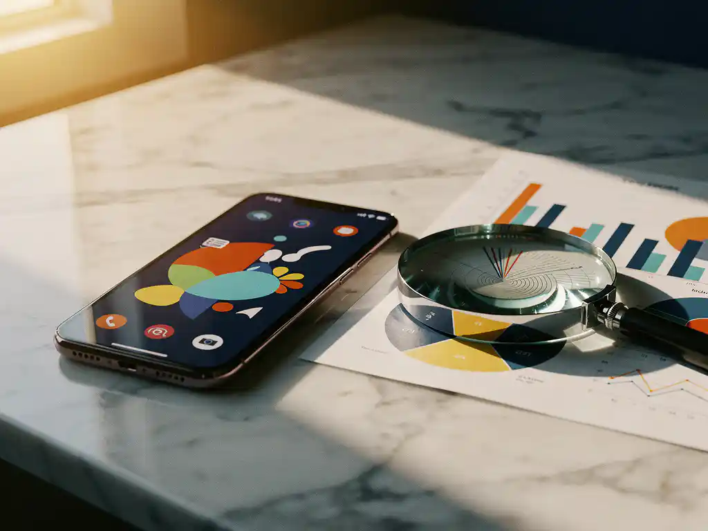 Smartphone with colorful app interface on marble desk beside magnifying glass examining printed analytics charts showing engagement metrics