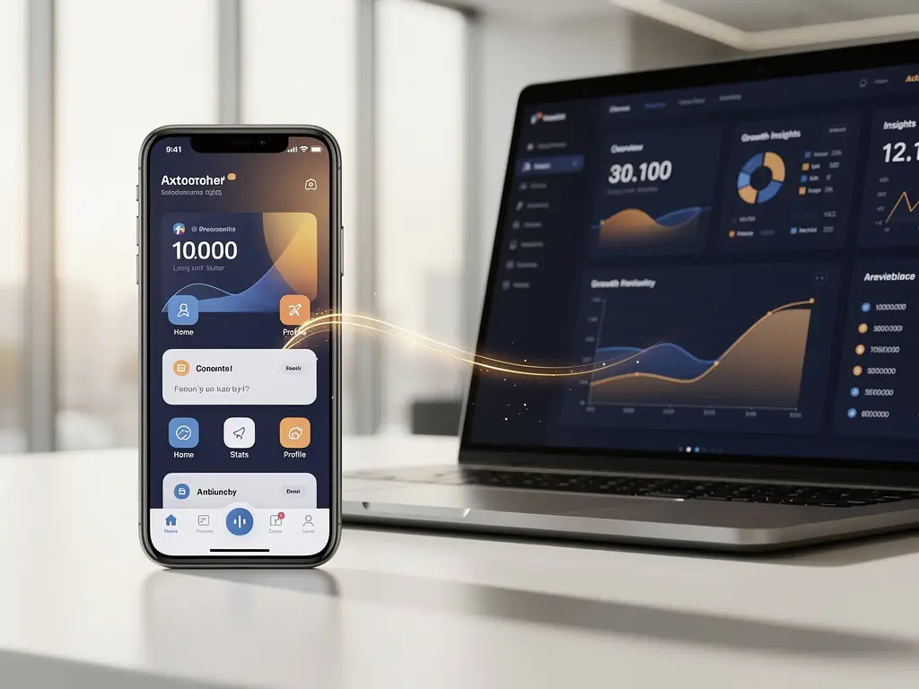 Smartphone and laptop connected by golden thread on white desk showing app interface and analytics dashboard in bright office