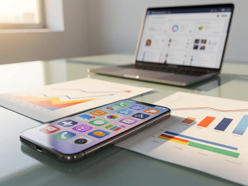 Smartphone met kleurrijke app-pictogrammen op een glazen bureau naast afgedrukte analysegrafieken met een stijgende trend; op de achtergrond is een laptop te zien met campagnedashboards.