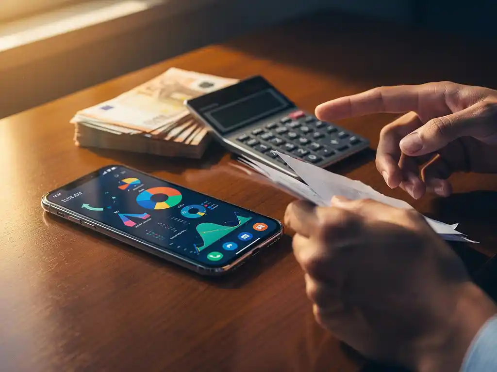 Smartphone met kleurrijke analysegrafieken op een houten bureau naast eurobankbiljetten en een rekenmachine in het warme middaglicht.