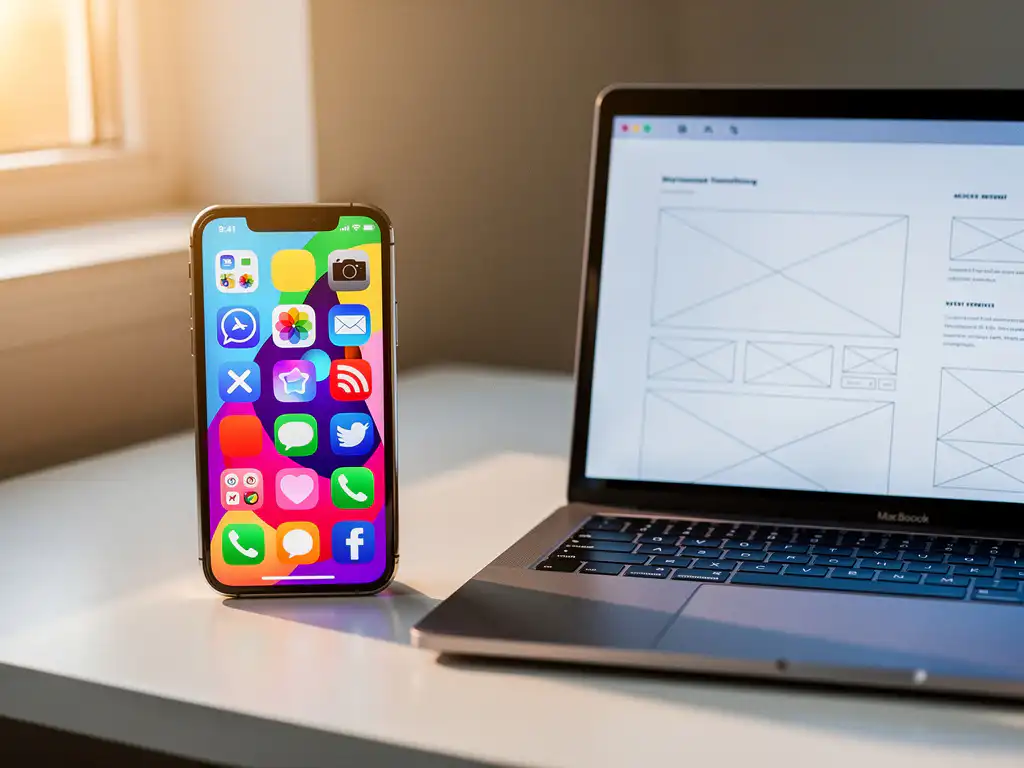 Smartphone with colorful app interface and MacBook displaying wireframes on white desk in golden hour lighting