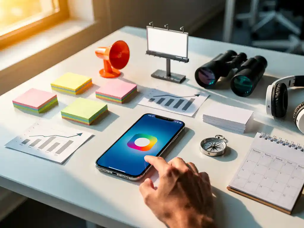Smartphone met kleurrijk app-icoon, omringd door marketingtools zoals een megafoon, post-it-briefjes en groeigrafieken op een wit bureau.