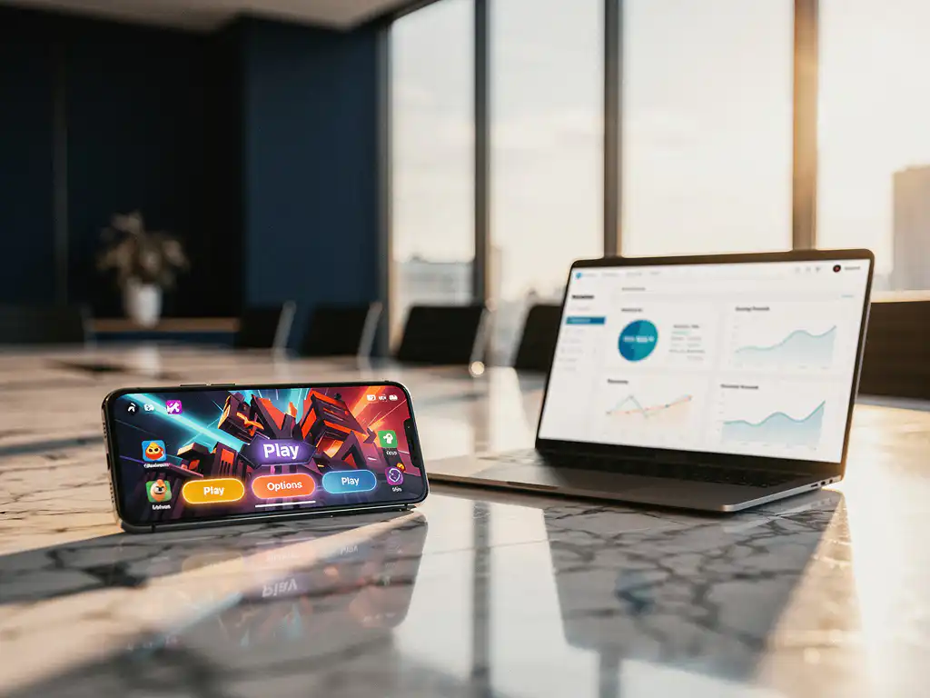 Smartphone met kleurrijke game-app naast zakelijke laptop op marmeren vergadertafel in moderne directiekamer met natuurlijk licht.
