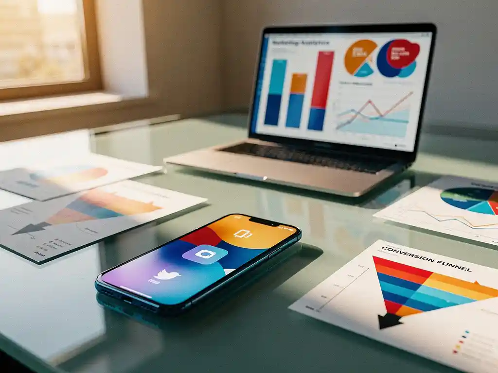 Smartphone met kleurrijke app-interface op een glazen bureau, omringd door marketinganalysegrafieken en conversietrechterdiagrammen; laptop met campagnestatistieken op de achtergrond.