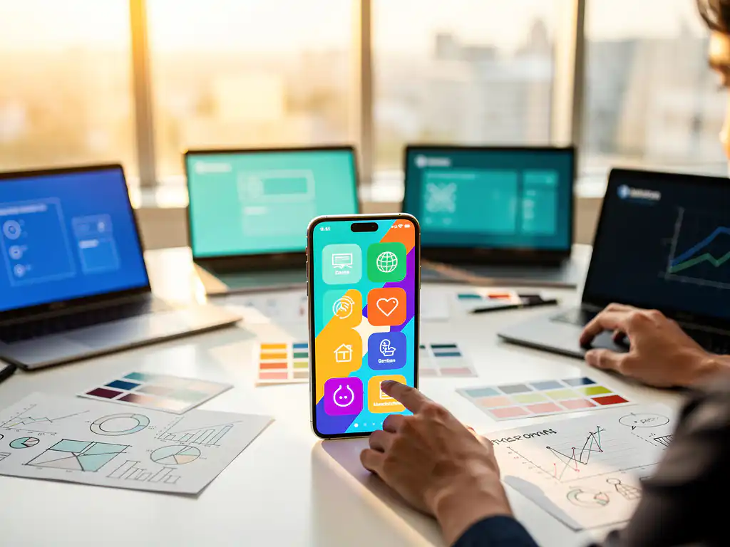 Smartphone with colorful app interface on marketing desk surrounded by laptops displaying advertising platforms and analytics reports