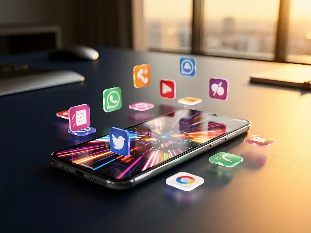Smartphone met levendige videoadvertentie op bureau van marketingbureau, met zwevende holografische app-pictogrammen in warm gouden licht.