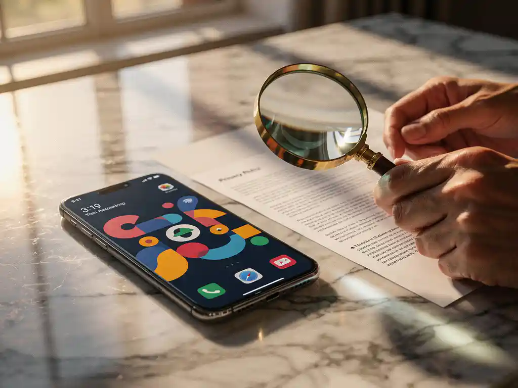 Smartphone with colorful app interface on marble desk next to brass magnifying glass examining privacy policy documents in warm sunlight