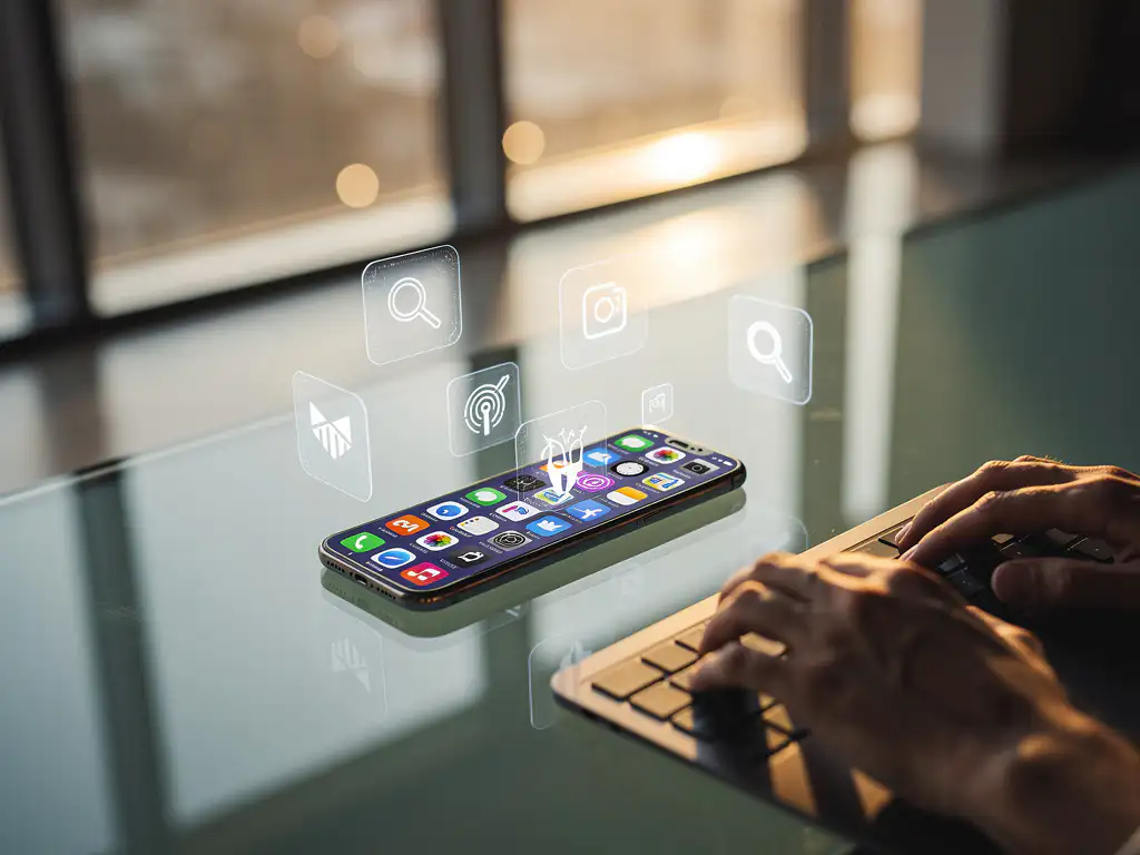 Smartphone with colorful app icons on glass desk surrounded by holographic social media and search engine platforms in golden hour lighting