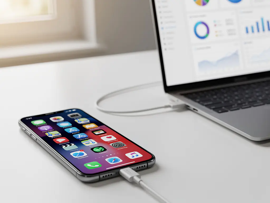 Smartphone with colorful app icons connected to laptop displaying analytics dashboards on white desk in minimalist office