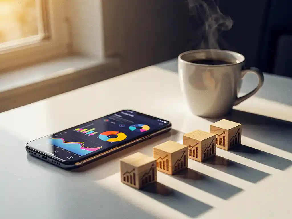 Smartphone displaying colorful analytics charts on white desk with coffee cup and wooden blocks arranged as ascending bar graph in golden sunlight