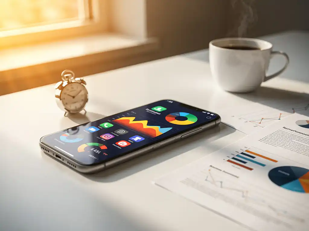 Smartphone displaying colorful app analytics charts on white desk with stopwatch, coffee cup, and marketing reports in golden hour lighting