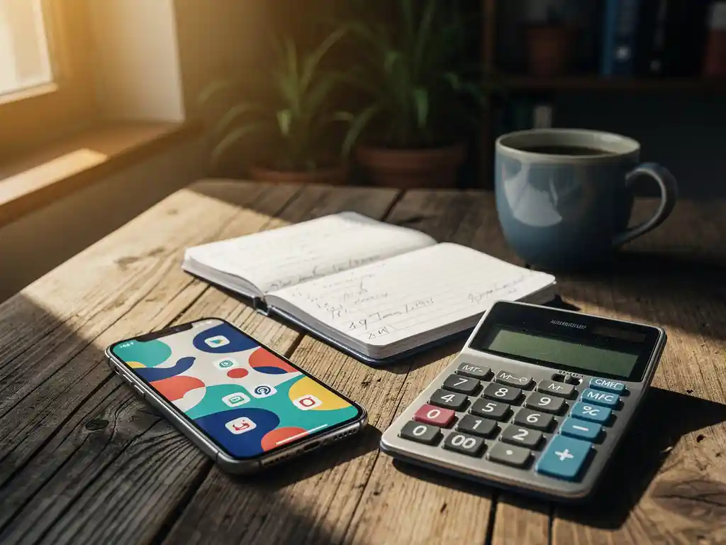 Smartphone with colorful app interface on wooden desk beside handwritten ledger and calculator in sunlit small business office