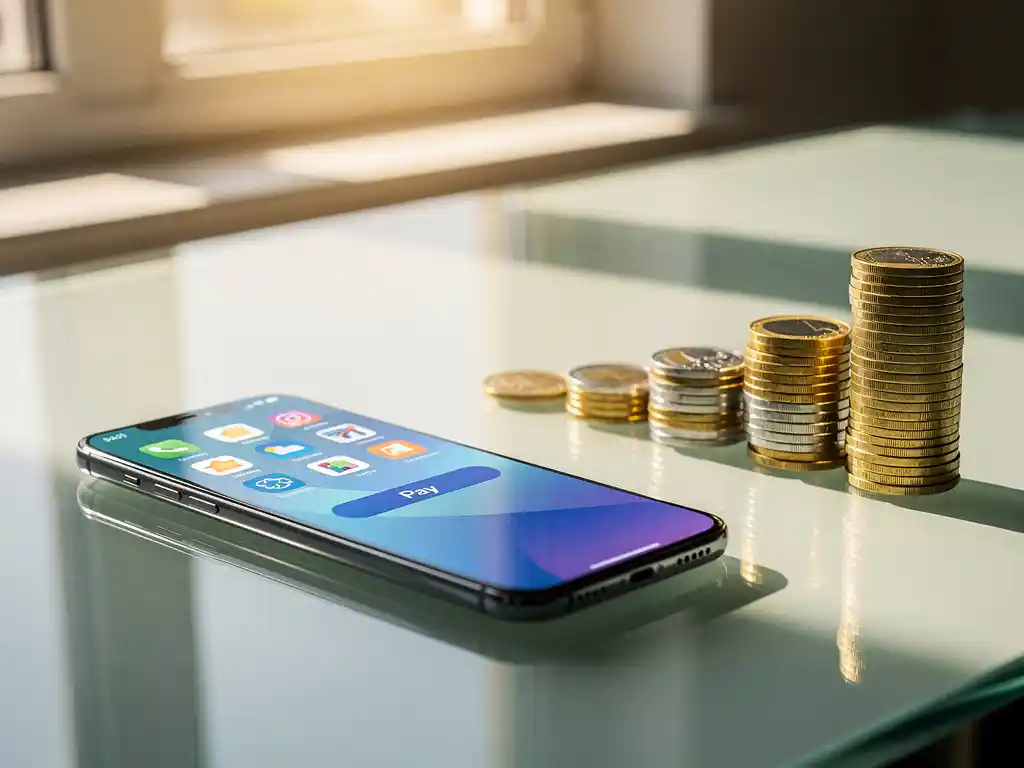 Smartphone met kleurrijke app-interface op een glazen bureau naast een stapel euromunten in warm natuurlijk licht.