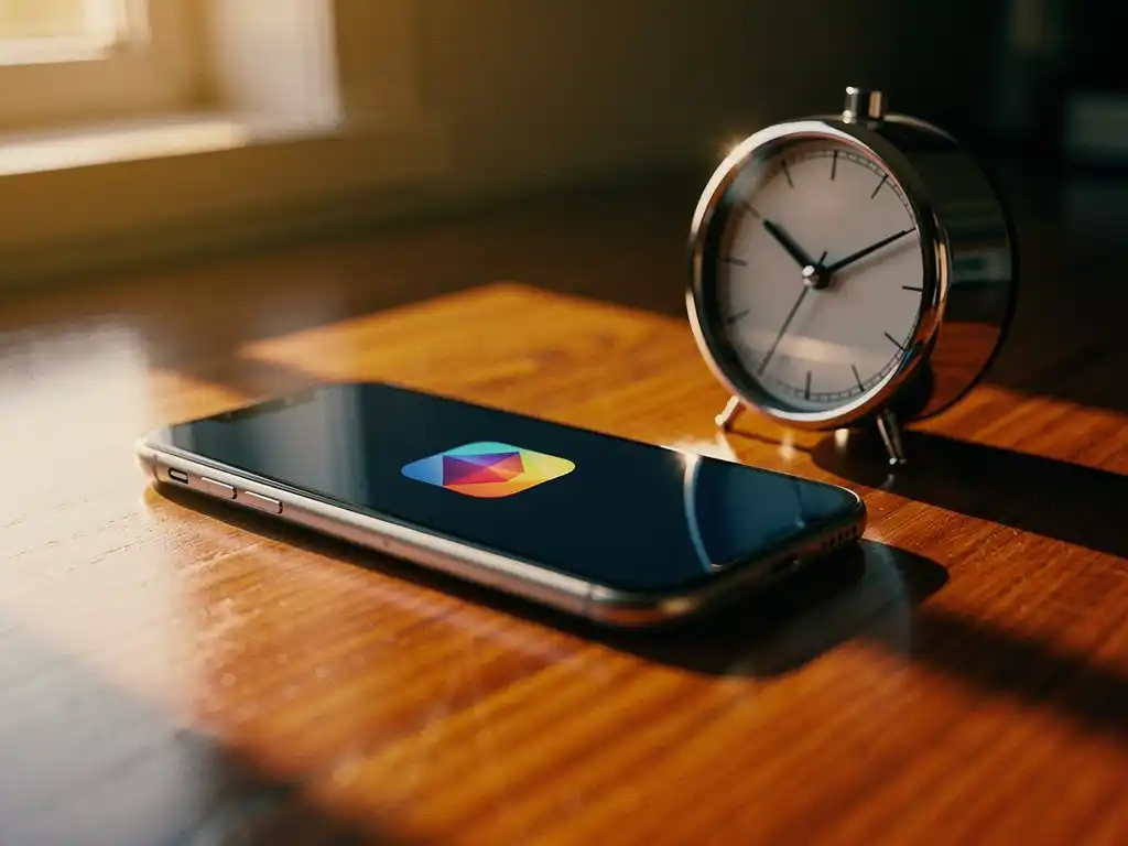 Smartphone met kleurrijk app-icoon en analoge wekker op een houten bureau in het warme gouden uurlicht.