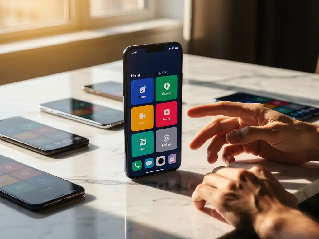 Een slanke smartphone met een levendige app-interface op een marmeren bureau, omringd door telefoons van concurrenten die onscherp in beeld zijn gebracht tijdens het gouden uurlicht.