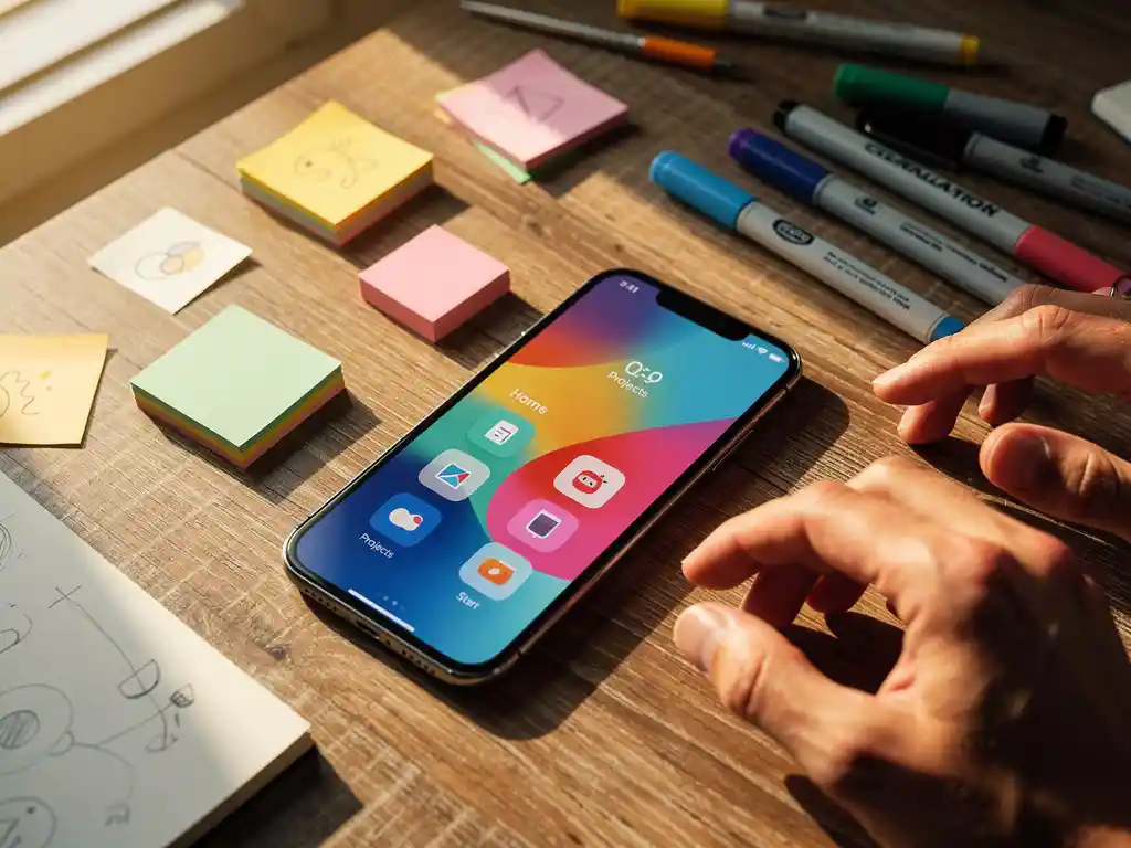 Smartphone with colorful app interface on wooden desk surrounded by sticky notes, sketch pads, and design markers in natural light