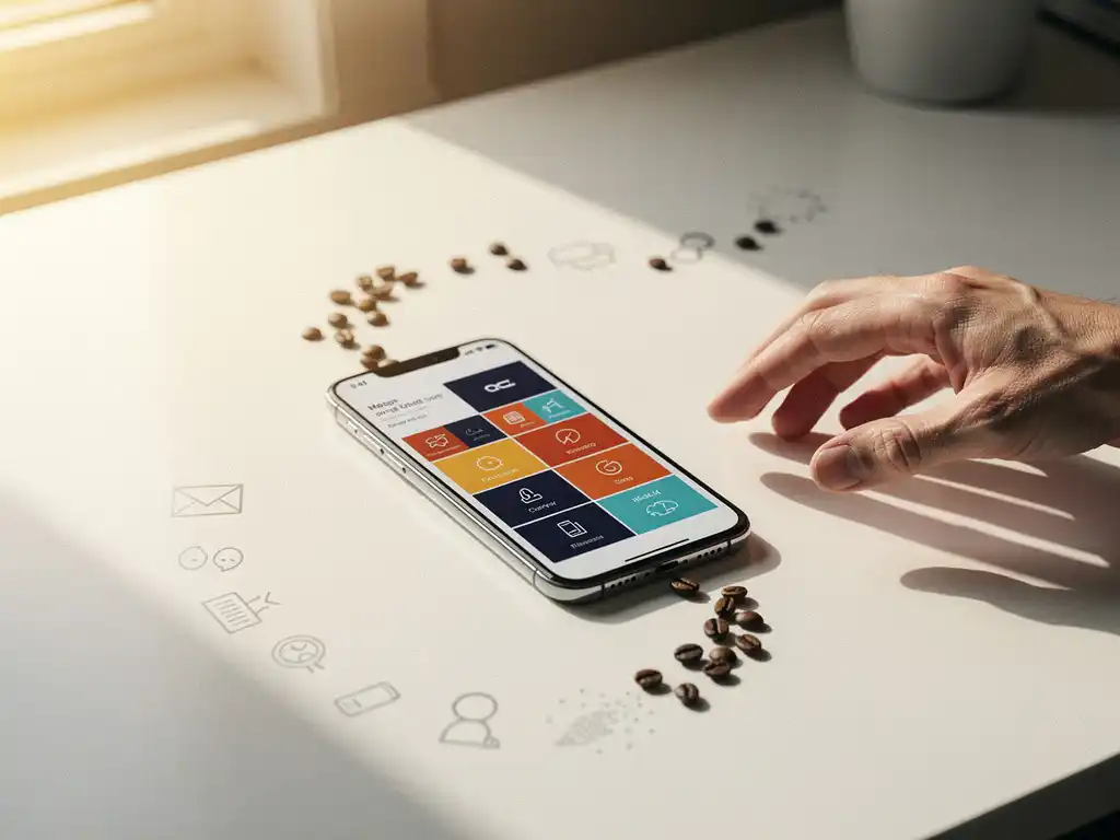 Smartphone met kleurrijke donkerblauwe app-interface op een wit bureau, hand reikt naar het apparaat, warm zonlicht werpt zachte schaduwen.