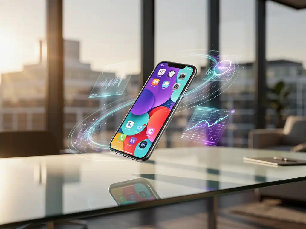 Smartphone floating above glass desk with holographic data streams and analytics charts in modern Amsterdam office with golden morning light