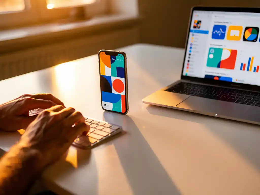 Smartphone with app interface on white desk beside MacBook displaying colorful analytics in golden hour lighting
