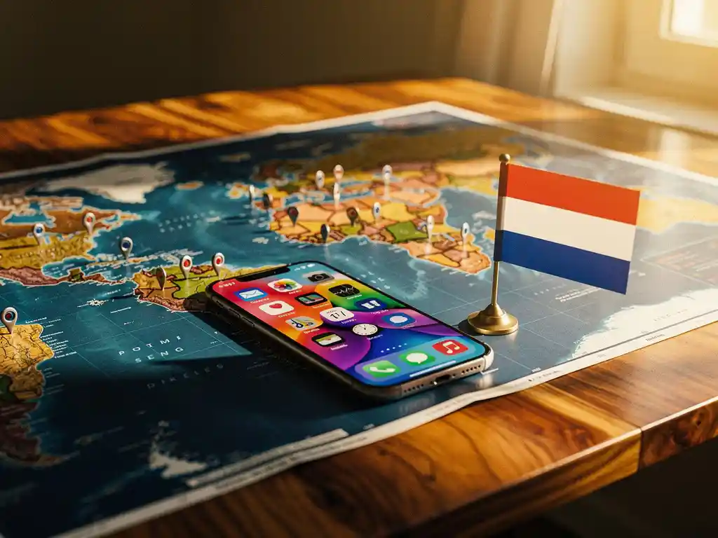 Smartphone met kleurrijke app-interface op een houten bureau naast een wereldkaart met locatiemarkeringen en de Nederlandse vlag in het gouden uurlicht.